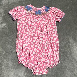 Be Mine 12 month pink and white bubble with smocked elephant detail.